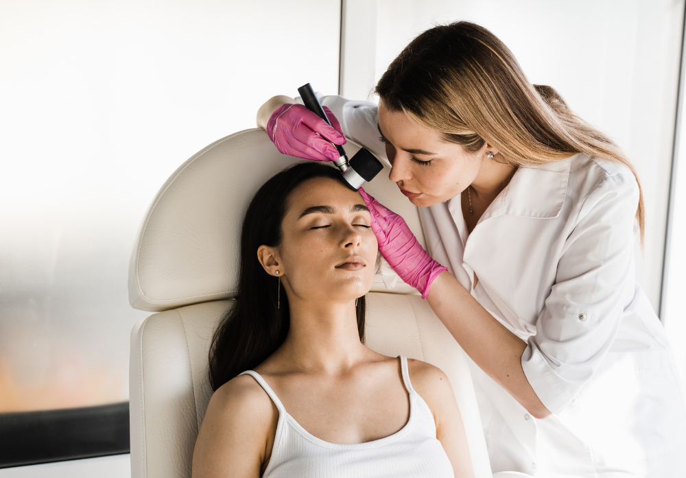 Médica fazendo Dermatoscopia em uma Jovem Mulher.